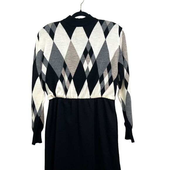 Vintage Ciao Ltd Women Wool Knit Dress Stretch Long Sleeve Lined Black Cream 12* - Picture 2 of 6